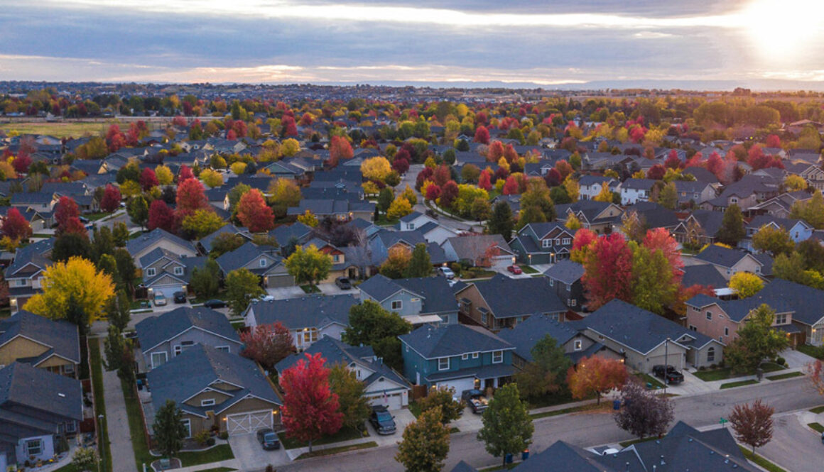 An aerial view of a neighborhood highlighting different outdoor house paint options